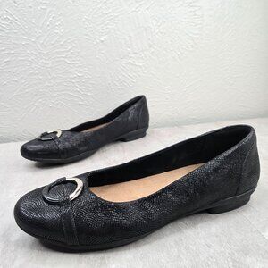 Clarks Ballet Flats Sz 10 Black Embossed Leather Comfort Dressy Ballerina Shoes